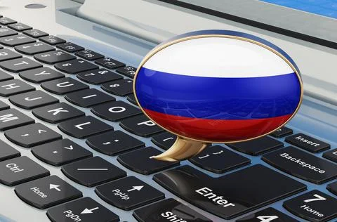 Learn Russian online concept. Speech balloon with Russian flag, 3D rendering Illustrazione stock