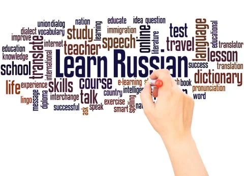 Learn Russian word cloud hand writing concept Stock Photos