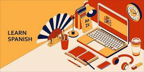 Learn Spanish isometric concept with open laptop, books, headphones, and coffee Stock Illustration