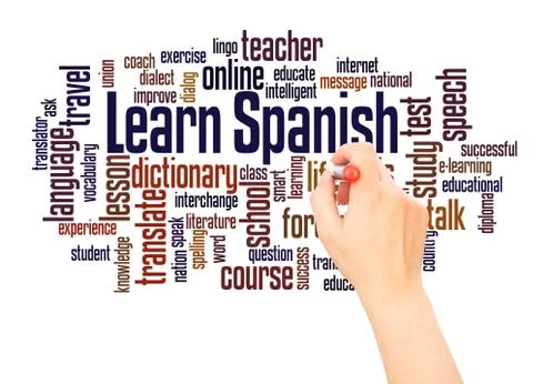 Learn Spanish word cloud hand writing concept Stock Photos