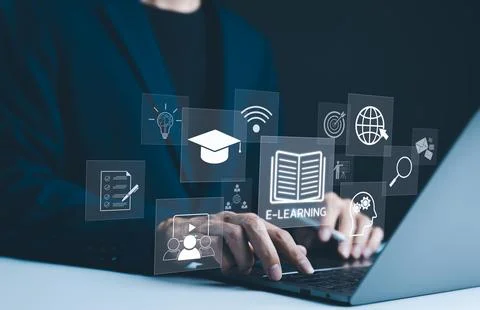 Learn through online education. e-learning concept. A man with e-learning Stock Photos