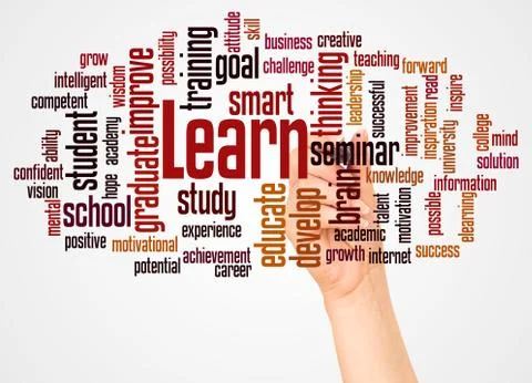 Learn word cloud and hand with marker concept Stock Photos