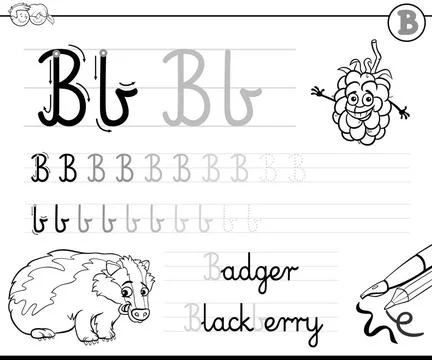 Learn to write letter B workbook for kids Black and White Cartoon Illustra... Stock Photos
