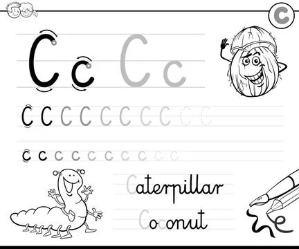 Learn to write letter C workbook for kids Black and White Cartoon Illustra... Stock Photos