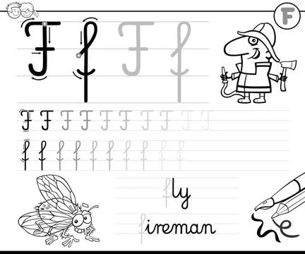 Learn to write letter F workbook for kids Black and White Cartoon Illustra... Stock Photos