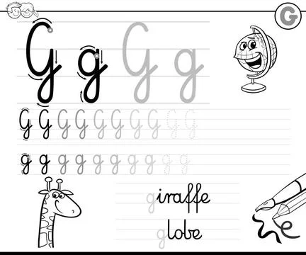 Learn to write letter G workbook for kids Black and White Cartoon Illustra... Stock Photos