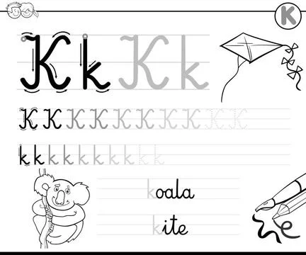 Learn to write letter K workbook for kids Black and White Cartoon Illustra... Stock Photos