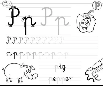 Learn to write letter P workbook for kids Black and White Cartoon Illustra... Stock Photos