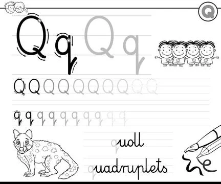 Learn to write letter Q workbook for kids Black and White Cartoon Illustra... Fotos Stock