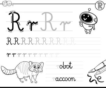 Learn to write letter R workbook for kids Black and White Cartoon Illustra... Stockfoto's