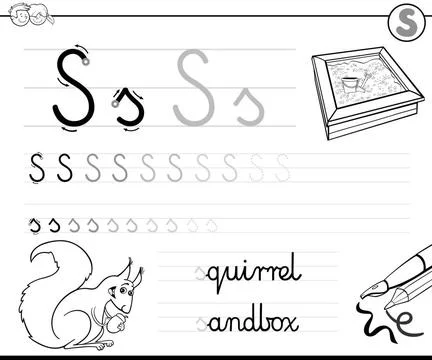 Learn to write letter S workbook for kids Black and White Cartoon Illustra... Stock Photos