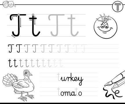 Learn to write letter T workbook for kids Black and White Cartoon Illustra... Stock Photos