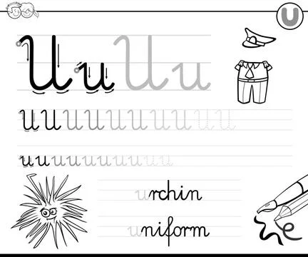 Learn to write letter U workbook for kids Black and White Cartoon Illustra... Stock Photos