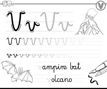 Learn to write letter V workbook for kids Black and White Cartoon Illustra... Stock Photos