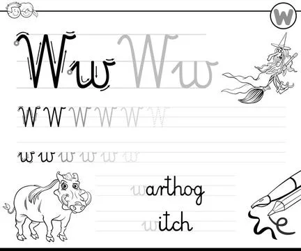 Learn to write letter W workbook for kids Black and White Cartoon Illustra... Stock Photos
