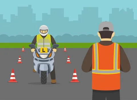 Learner biker on test road with red cones. Instructor writing on clipboard. Stock Illustration
