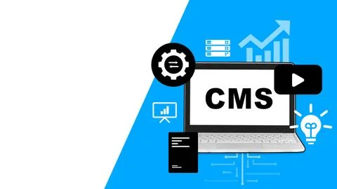Learning about content management systems with a laptop and related graphics Stock Photos