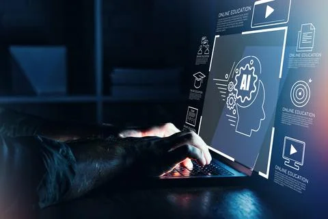 Learning about online education and artificial intelligence through a laptop Photos