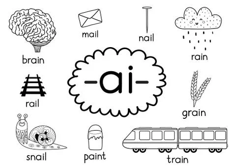Learning ai digraph. Phonics for kids. Black and white educational poster Stock Illustration