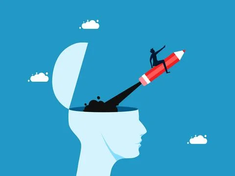 Learning and imagination. man flying with a pencil out of a human head 스톡 일러스트
