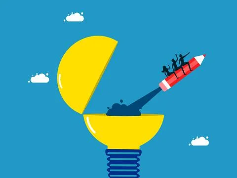 Learning and keeping pace with innovation. Business team flying with pencils  Illustrazione stock