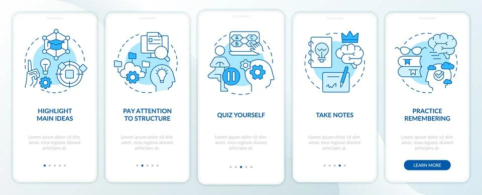 Learning and memorizing techniques blue onboarding mobile app screen Stock Illustration