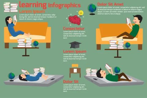 Learning and reading concept infographics with education icons. vector illust Illustrazione stock