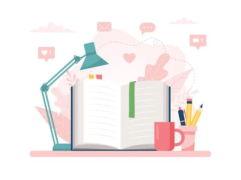 Learning and reading concept. Open book on table, lamp, pens and pencils. Cute Illustration