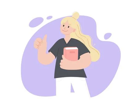 Learning and reading concept. Young positive woman standing showing thumbs up Ilustración de archivo