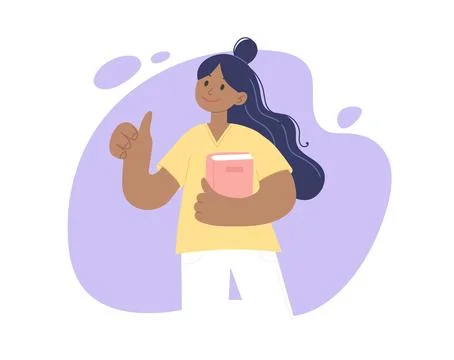 Learning and reading concept. Young positive black woman standing holding a book Stock Illustration