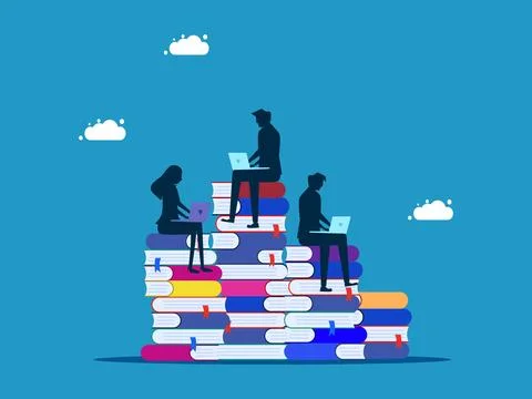 Learning and research. Business team marketing on stack of books Illustrazione stock