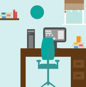 Learning and study table with casters chair with desktop computer. Stock Illustration