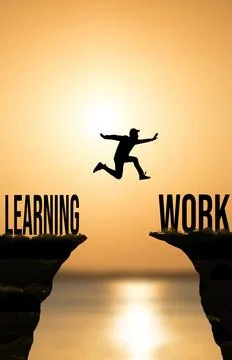 Learning and work concept. Silhouette of jumping student against the sun. Stock Illustration