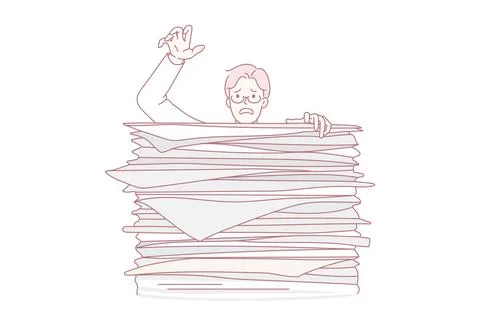 Learning boy behind huge stack of exam books. 스톡 일러스트