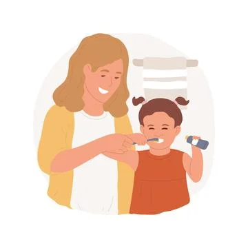 Learning to brush teeth isolated cartoon vector illustration. Illustrazione stock