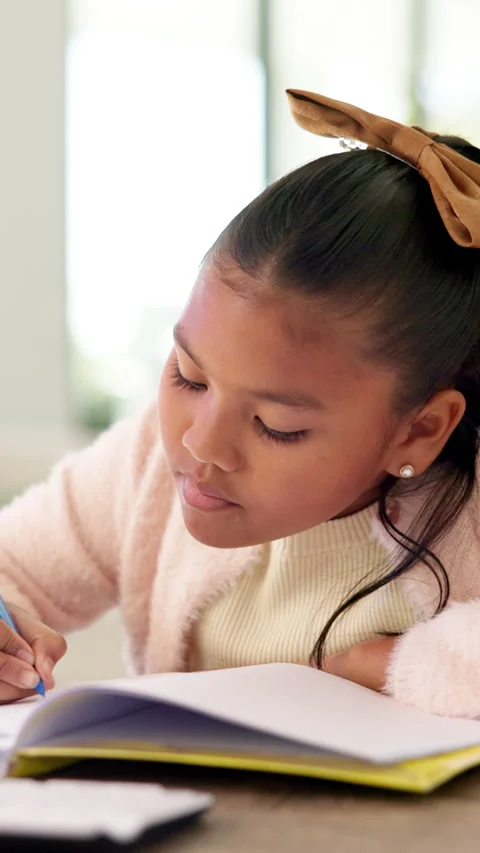 Learning, child or writing on paper in book for math homework, calculation 스톡 동영상 335315552