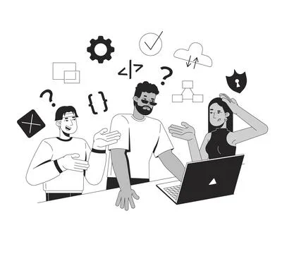 Learning to code in group line illustration concept Stock Illustration
