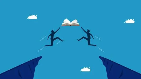 Learning competition. Two men jumping for a book Stock Illustration