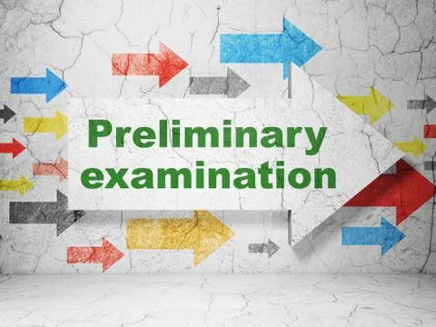 Learning concept: arrow with Preliminary Examination on grunge wall background Illustrazione stock