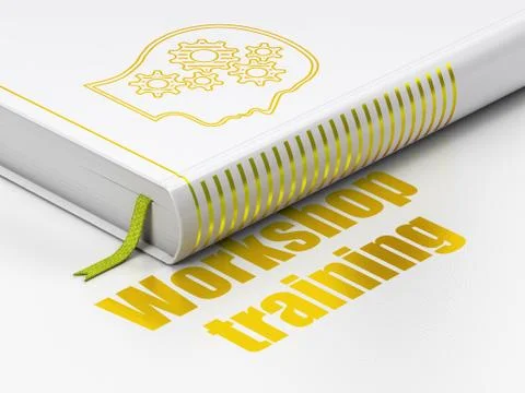Learning concept: book Head With Gears, Workshop Training on white background Illustrazione stock