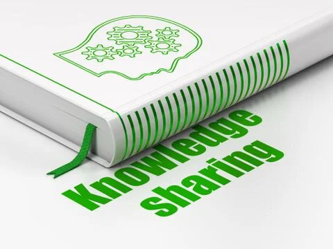 Learning concept: book Head With Gears, Knowledge Sharing on white background Illustrazione stock