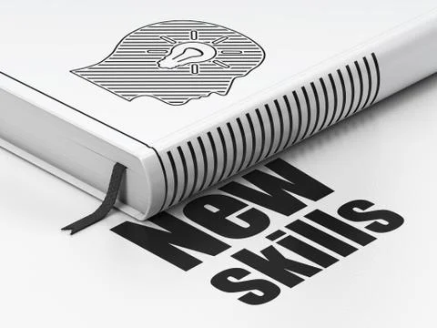 Learning concept: book Head With Light Bulb, New Skills on white background Stock Illustration