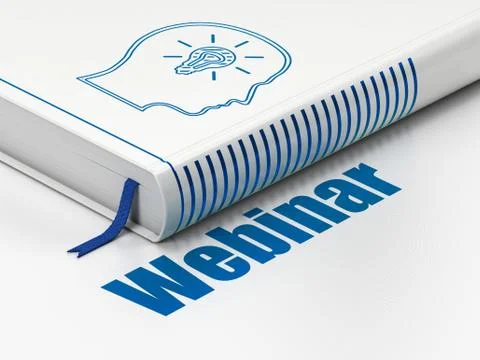 Learning concept: book Head With Lightbulb, Webinar on white background Stock Illustration
