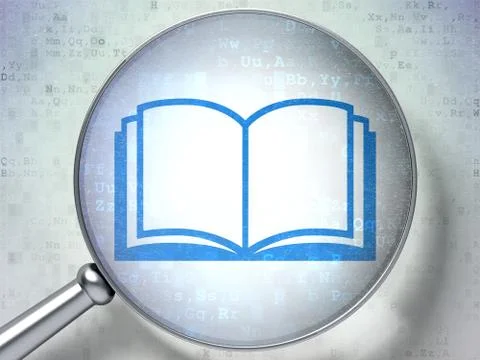 Learning concept: Book with optical glass on digital background 스톡 일러스트
