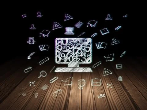 Learning concept: Computer Pc in grunge dark room 스톡 일러스트