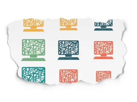 Learning concept: Computer Pc icons on Torn Paper background Stock Illustration