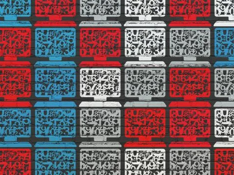 Learning concept: Computer Pc icons on wall background Stock Illustration