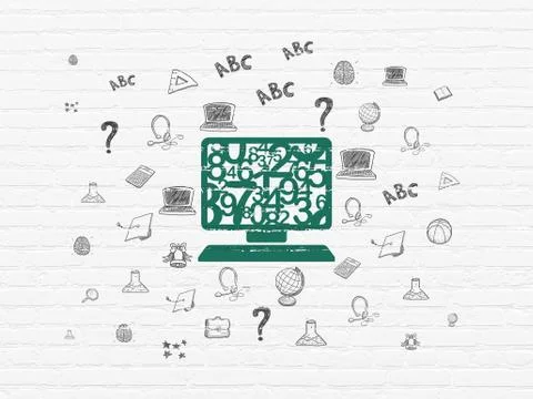 Learning concept: Computer Pc on wall background Illustrazione stock