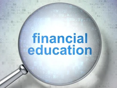 Learning concept: Financial Education with optical glass Illustrazione stock