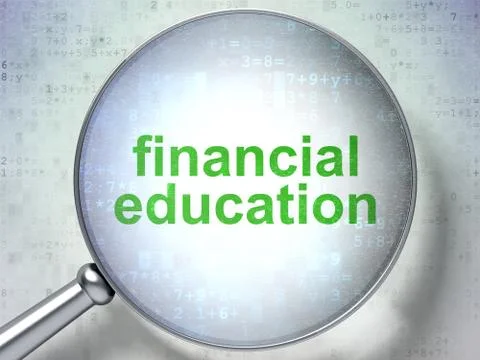 Learning concept: Financial Education with optical glass Illustrazione stock